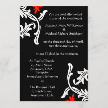 Preto com casamento tema damasco branco e vermelho