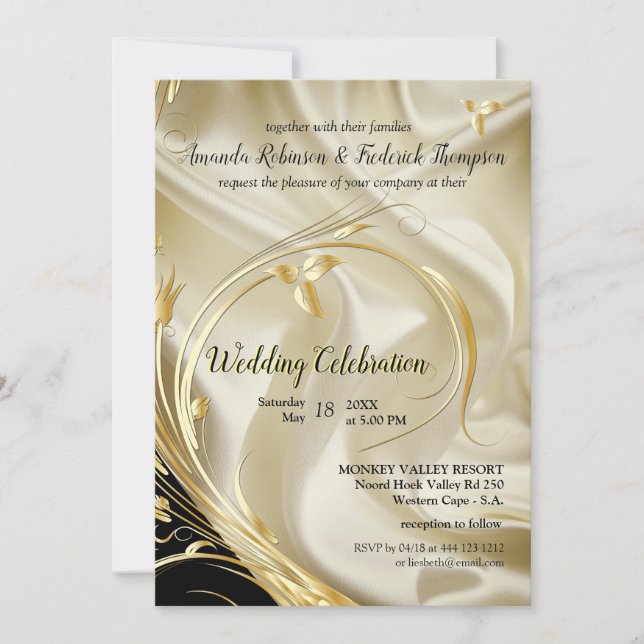 Convites Preto com Dourado Casamento de Seda de Champanhe (Frente)