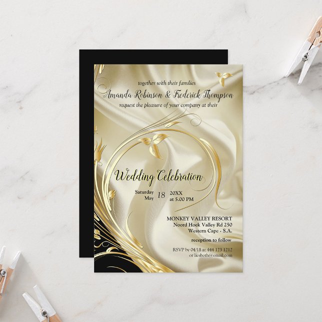 Convites Preto com Dourado Casamento de Seda de Champanhe (Black with Gold on Champagne Silk Wedding Invitation )
