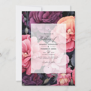 Convites Preto com Floral Rosa Suave Casamento de Primavera
