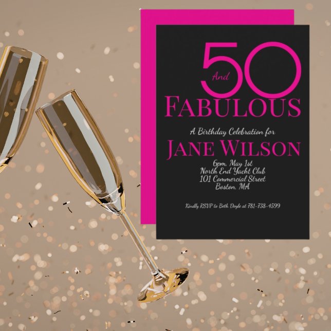 Convites Preto com Texto Rosa 50 e Aniversário Fabuloso (Criador carregado)