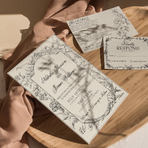 Convites Preto Creme Floral Boho Botânico Moderno Casamento