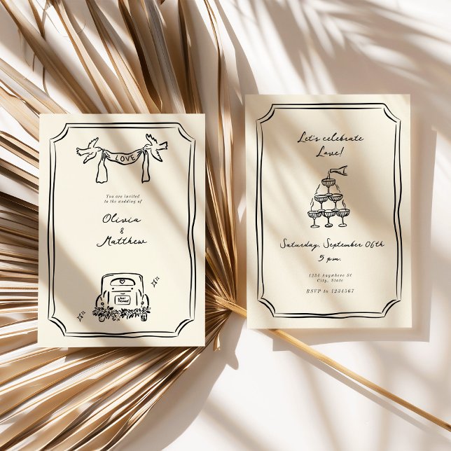 Convites Preto de Casamento Desenhado à Mão Branca (Whimsical Hand Drawn Wedding Black Invitation)