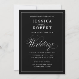 Convites Preto de Casamento Preto e Branco de Script Elegan