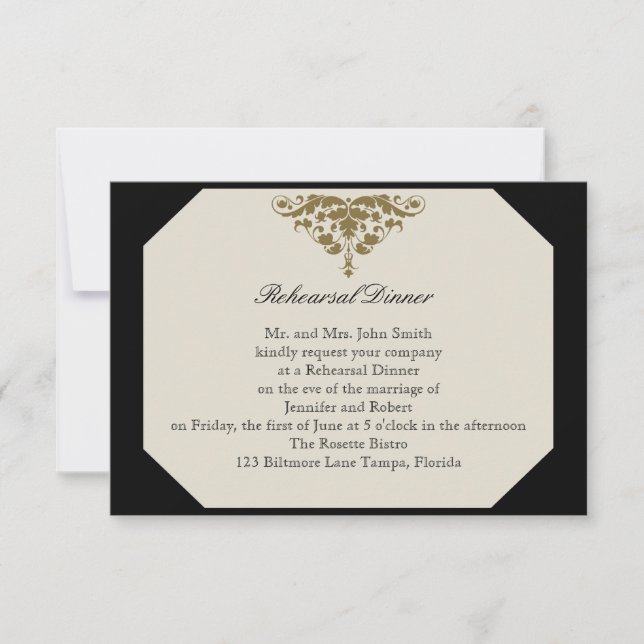 Convites Preto de marfim e ensaio do casamento tema damasco (Frente)