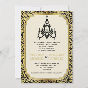 Convites Preto do candelabro do art deco, casamento do ouro