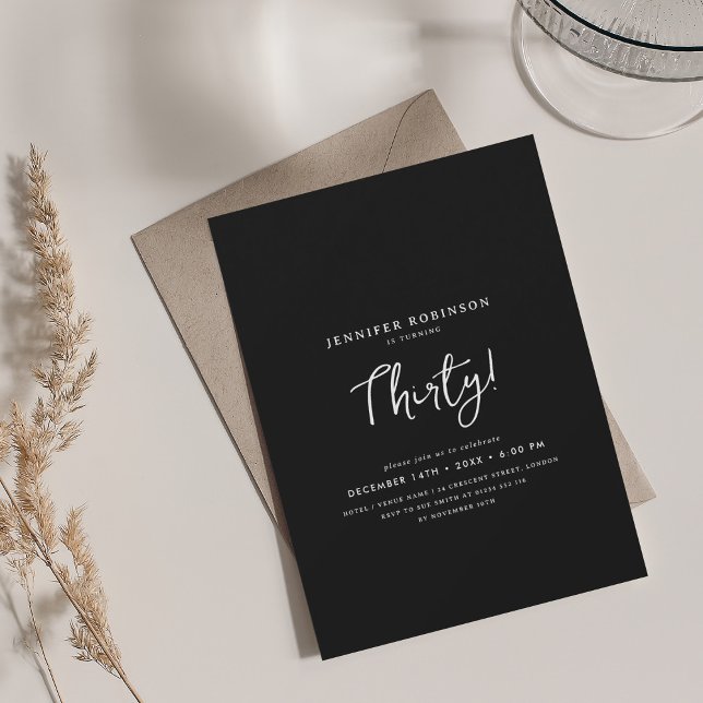 Convites Preto do Partido aniversário de 30 anos de Script  (Elegant Modern Script 30th Birthday Party Black Invitation)