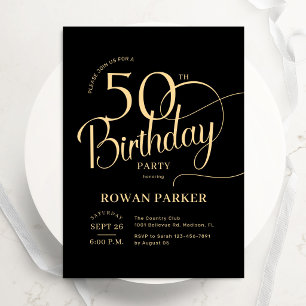 Convites Preto Dourado 50º Aniversário Script Elegante