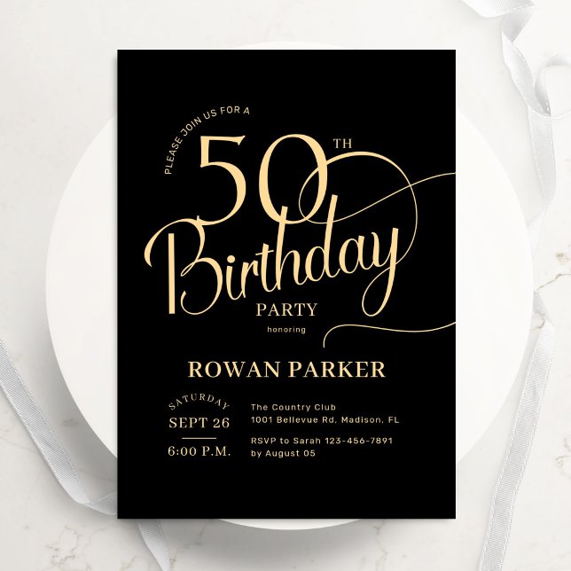 Convites Preto Dourado 50º Aniversário Script Elegante (Criador carregado)