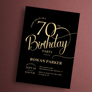 Convites Preto Dourado 70º Aniversário Elegante Script