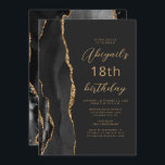 Convites Preto Dourado Agate Slate Script 18º Aniversário<br><div class="desc">A borda esquerda deste elegante convite de aniversário moderno apresenta uma coloração aquosa preta e borda agitada com brilho dourado. O texto personalizável combina o script dourado e as fontes sans serif em um fundo preto de slate. O verso apresenta um design de agate preto e dourado correspondente.</div>