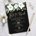 Convites Preto Dourado Bat Mitzvah Script Floral Watercolor<br><div class="desc">Tenha orgulho, alegria e mostre este marco do seu Bat Mitzvah favorito com este sofisticado e personalizado convite! Uma aquarela floral chica, atordoante, branca e dourada com falso guião de folha de ouro e serifa branca sobrepõe-se a um fundo preto dramático. Flores aquarelas adicionais e uma Estrela dourada de David...</div>