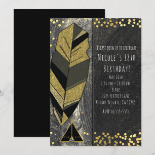 Convites Preto Dourado com Pena e Tepee Desenhados