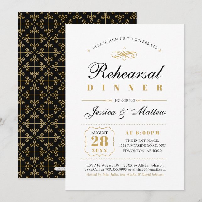 Convites Preto & Dourado | Jantar de Ensaios de Casamento E (Frente/Verso)