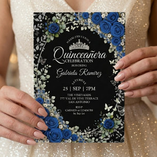 Convites Preto e Azul Real Quinceañera Borboleta Prata