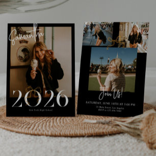 Convites Preto e Branco 2026 Coquette Laço Foto Graduação