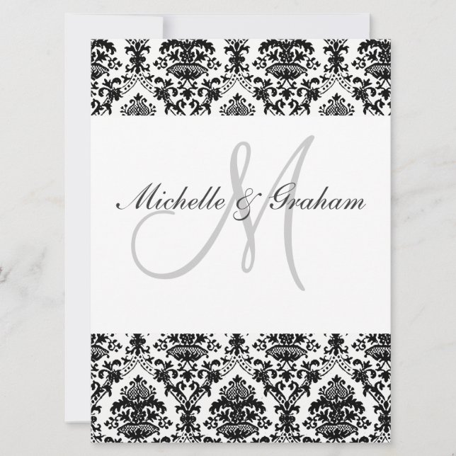 Convites Preto e Branco Damasko Elegante Casamento (Frente)