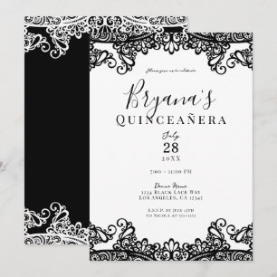 Convites Preto e Branco de Renda Festa Elegante de Quinceañ
