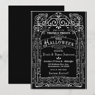 Convites Preto e Branco Deco Halloween Vitoriano Vintage