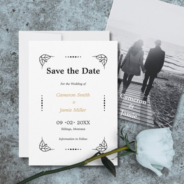 Convites Preto e branco deixa pontos moldados para salvar a (Black & White Leaves Dots Frame Save The Date Invitation)