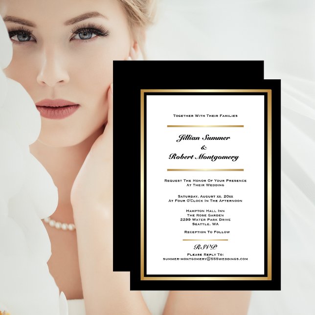 Convites Preto e Branco Elegante com Casamento Dourado (Elegant Black & White With Gold Wedding Invitation)