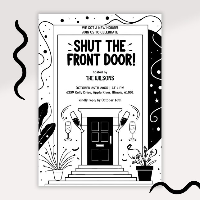 Convites Preto e Branco Fecha a Porta da Frente Festa de No (Funny Shut the Front Door Housewarming Party Invitation Modern Black & White New Home Invite)