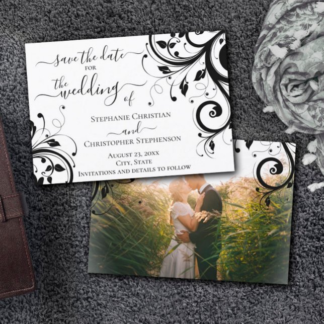 Convites Preto e Branco Festivo Salve a data de volta Foto (Criador carregado)