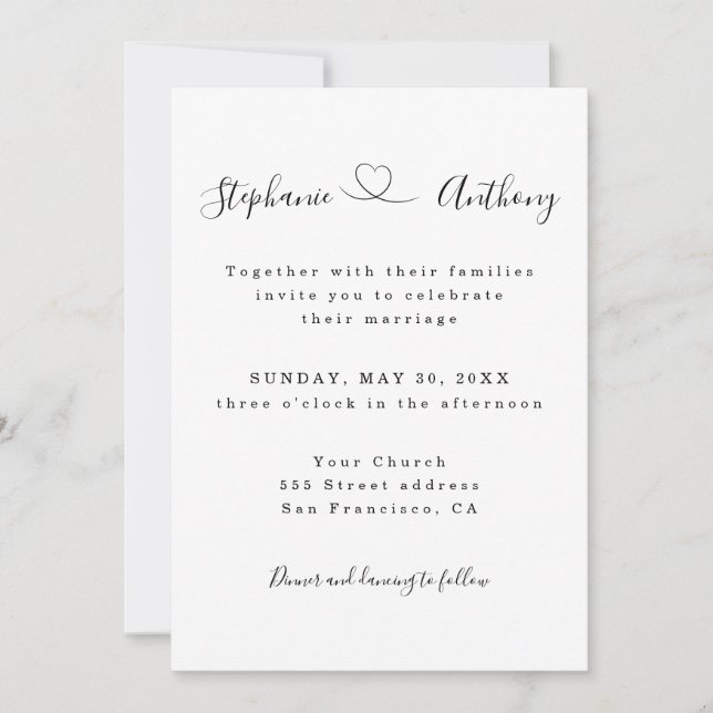 Convites Preto e Branco Minimalista com Casamento Cardíaco (Frente)