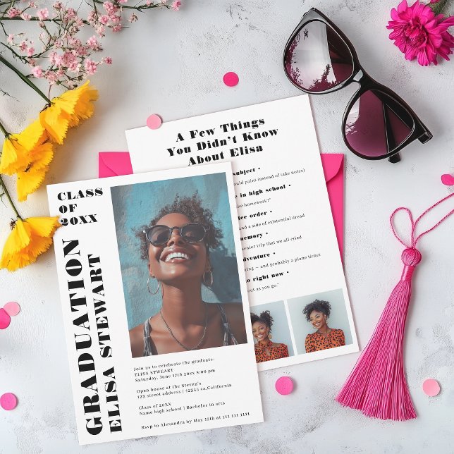 Convites Preto e Branco Moderno 4 Fotos Graduação (Bold Black and White Modern 4 photos Graduation Invitation)