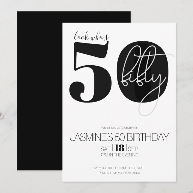 Convites Preto E Branco Moderno Elegante 50 Aniversário (Frente/Verso)