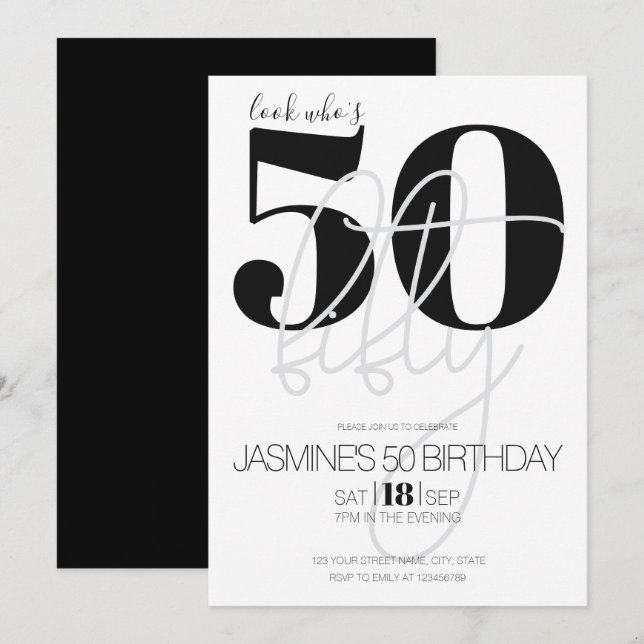 Convites Preto E Branco Moderno Elegante 50 Aniversário (Frente/Verso)
