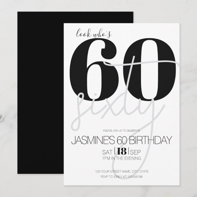 Convites Preto E Branco Moderno Elegante 60 Aniversário (Frente/Verso)