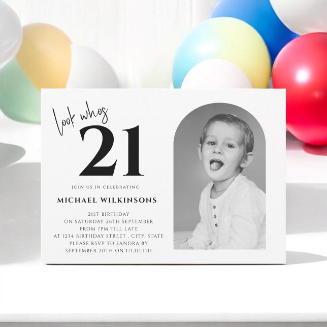 Convites preto e branco moderno para homens aniversário de  (FUN 21ST BIRTHDAY INVITATION WITH PHOTO , FULLY EDITABLE )
