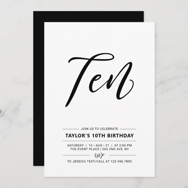 Convites Preto e branco - Simples 10ª Festa de aniversário  (Frente/Verso)