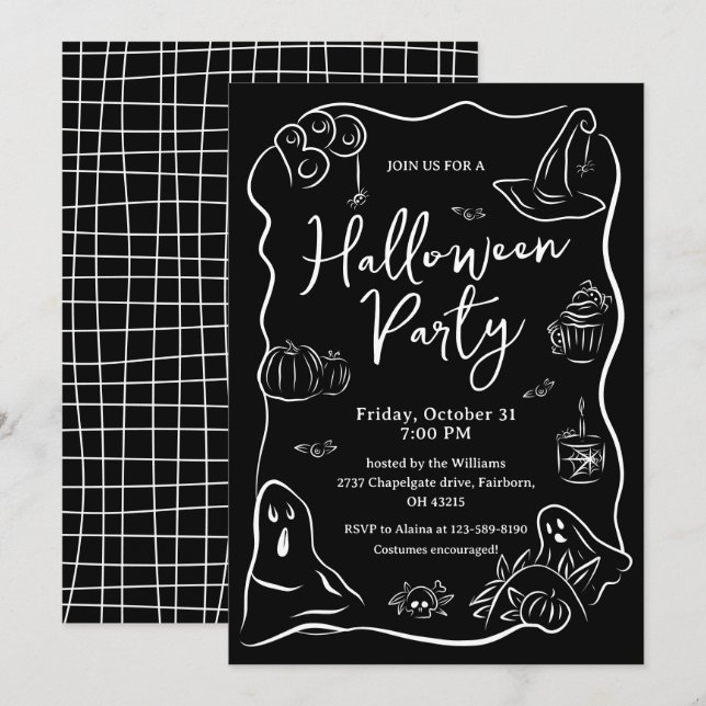Convites Preto e Branco, Simples Festa de Halloween Desenha (Frente/Verso)