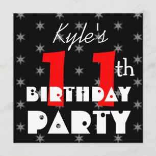 Convites Preto e branco vermelho do 11o aniversário do