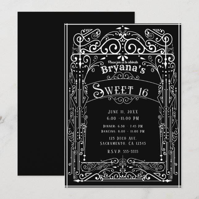 Convites Preto e Branco Vitoriano Antigo Deco Doce 16 (Frente/Verso)