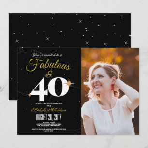 Convites Preto e Dourado 40 & Foto de aniversário fabulos