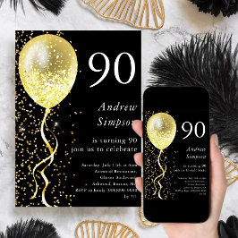 Convites Preto e Dourado | Aniversário do Balão de 90 Glitt