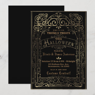 Convites Preto e Dourado Deco Vitoriano Vintage Halloween