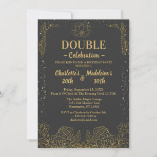 Convites Preto e Dourado Elegante Botânicos Aniversário Con