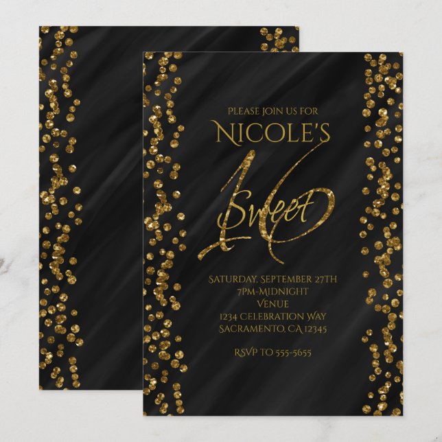Convites Preto e dourado falso com brilho Glamour SWEET 16  (Frente/Verso)