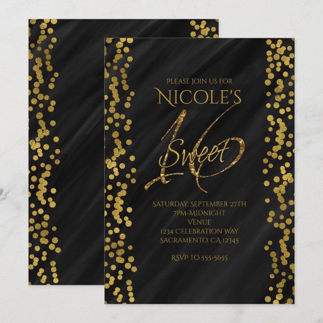 Convites Preto e Dourado Falso Glamour Moderno DOCE 16 Deze (Frente/Verso)