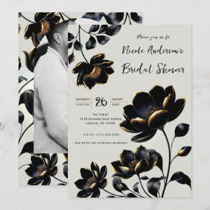 Convites Preto e Dourado Floral Bege Claro Chá de Noiva