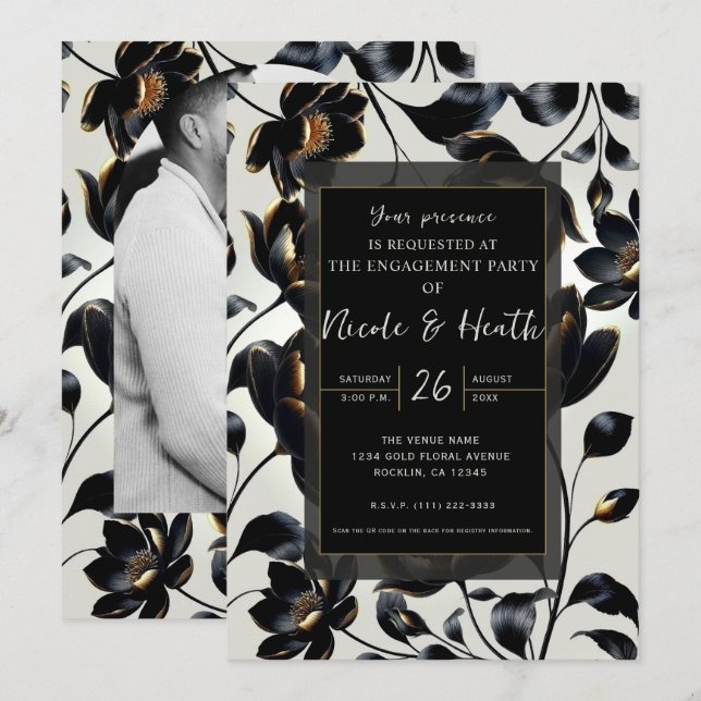 Convites Preto e Dourado Floral Bege Engajamento (Frente/Verso)
