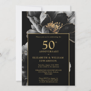 Convites Preto E Dourado Floral Elegante 50º Aniversário