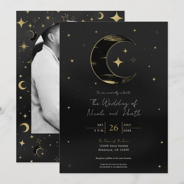 Convites Preto e Dourado Moderno Celestial Lua Estrelas Cas (Frente/Verso)