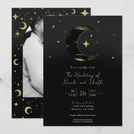 Convites Preto e Dourado Moderno Celestial Lua Estrelas Cas