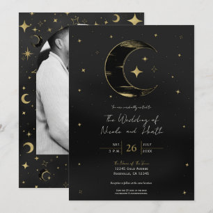 Convites Preto e Dourado Moderno Celestial Lua Estrelas Cas