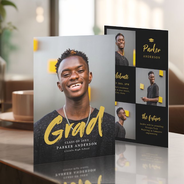 Convites Preto e Dourado Moderno Script Foto Graduação (Black & Gold Modern Script Photo Graduation Invitation)